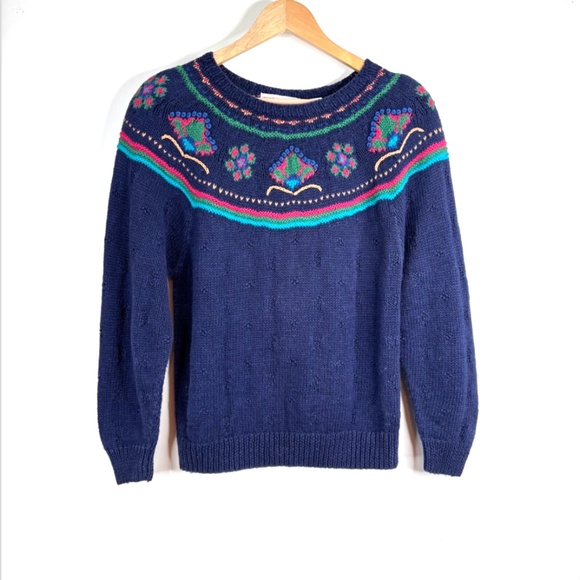 VTG 90s Granny Sweater M Embroidered Hand Knit Northern Isles Floral Fair Isle - Picture 1 of 9